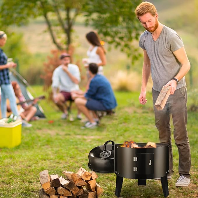 T001-2 19-inch BBQ Charcoal Smoker, Heavy Duty Round Smoking-Vertical Multi-Layer Pellet Smoker for Meats-Offset Charcoal Grill with Thermometer, Black