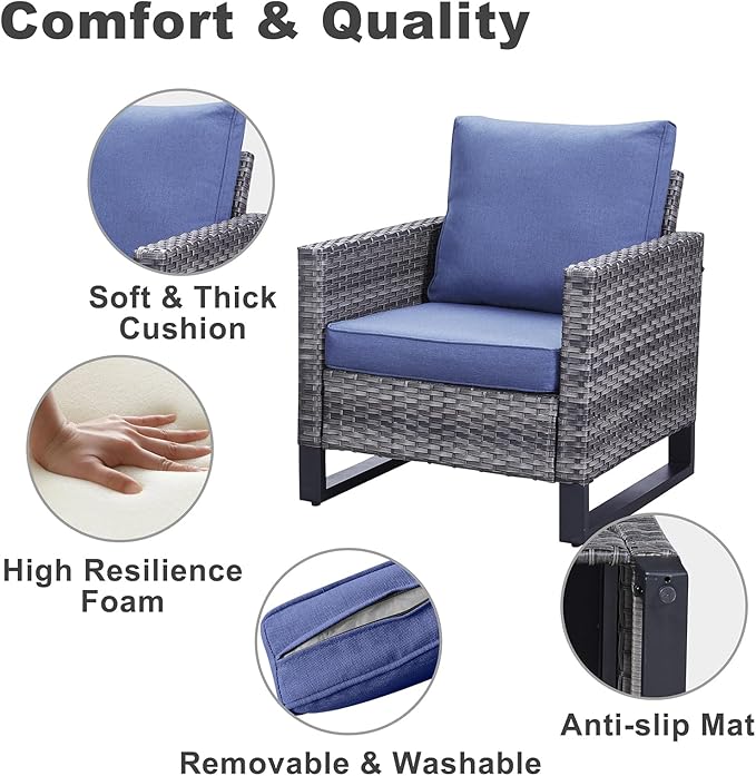 Belord 6 Piece Outdoor Furniture Patio Wicker Sofa Set, Oversize Outdoor Dining Chairs with Rattan Ottomans, Conversation Sets Patio Furniture Come with Removable Washable Cushion Blue
