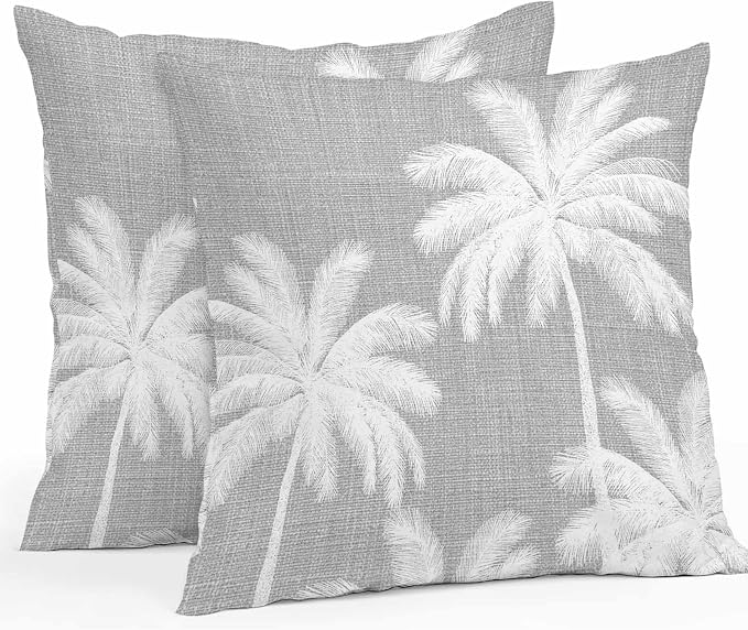 Outdoor Pillow Covers 18x18 Inch Set of 2, Grey Palm Trees Waterproof Throw Pillow Covers, Farmhouse Tropical Summer Beach Decorative Cushion Pillowcases for Couch, Sofa, Bed, Garden, Patio