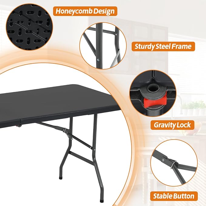 Dkeli Folding Table 6 ft | Portable Picnic Table | Folding Camping Table Heavy Duty for Outdoor Indoor Camping | Picnic and Party | Fold in Half with Handle and Sturdy Steel Frame - Black