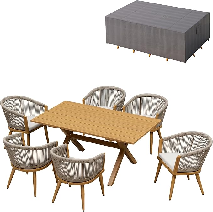 PURPLE LEAF Outdoor Dining Set with Waterproof Furniture Cover 7-Piece All-Weather Patio Set for 6 with Woodgrain Aluminum Table Rope Weave Chairs and Cushions, Teak
