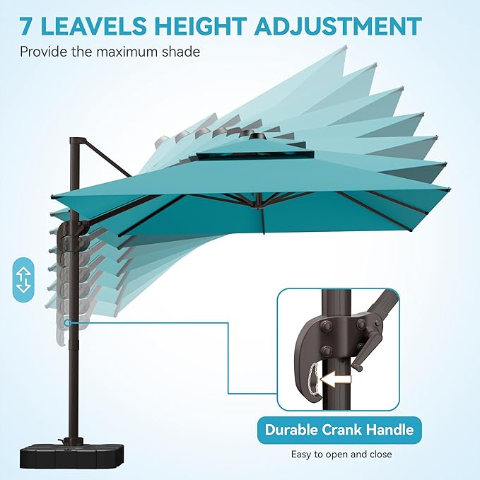 GENTEACO 9x12FT Cantilever Patio Umbrella with Base Included, Double Top Rectangle Offset Umbrella 7 Angle Tilts & 360° Rotation, Large Heavy Duty Outdoor Sun Umbrella for Pool Market, Turquoise Blue