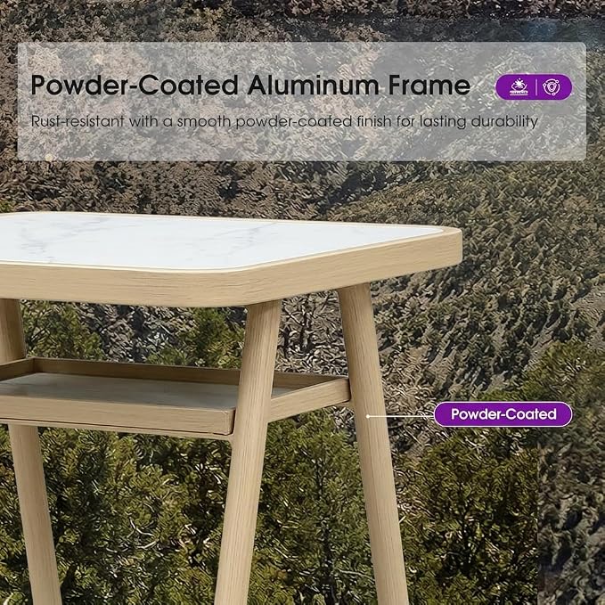 PURPLE LEAF Counter Height Bar Aluminum Table with Shelve for Indoor and Outdoor Garden Natural Wood Grain