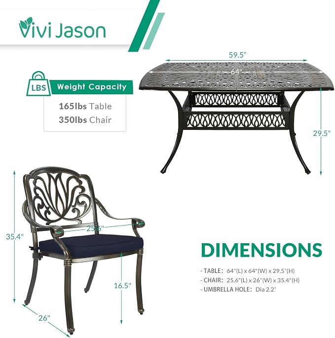 VIVIJASON 9-Piece Outdoor Furniture Dining Set for 8, All-Weather Cast Aluminum Patio Table and Chairs Set with 8 Cushioned Chairs, 64" Large Square Dining Table, 2.2" Umbrella Hole, Navy Blue