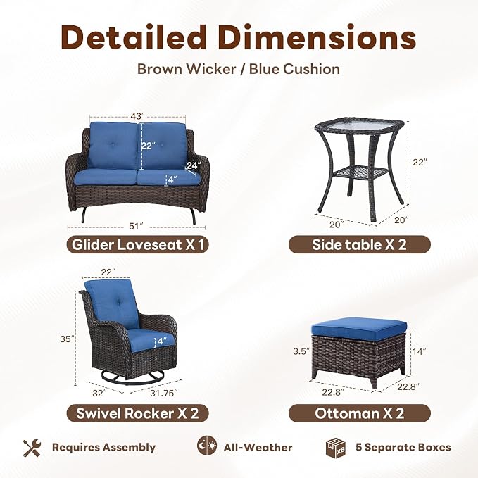 Belord 7 Piece Wicker Patio Furniture Set, Outdoor Swivel Rocker Chairs Set of 2 with Ottomans and Loveseat, All Weather Patio Conversation Furniture Set, for Pool,Yard,SunroomBrown Wicker/Blue