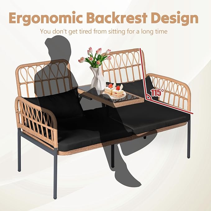 Outdoor Loveseat 2 Pieces Patio Furniture Set, Porch Furniture Wicker Large Loveseats, Patio Conversation Sets with Cushions & Lumbar Pillows and Built-in Table, Black