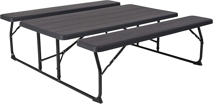 Flash Furniture Insta-Fold Picnic Table - Charcoal Wood Grain Folding Picnic Table Bench Set for Adults - 4.5 Foot Folding Table