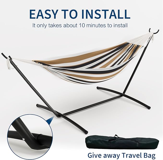 Double Hammock with Stand - Heavy Duty 450lbs Capacity, Portable Cotton Hammock for Two Adults, Indoor & Outdoor Use with Travel Bag(Coffee)