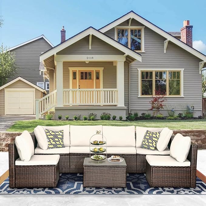 PayLessHere Patio Furniture Set 7 Pieces Outdoor Furniture Wicker Conversation Set Sectional Sofa and Coffee Table Wicker Patio Conversation Sets for Backyard Porch Balcony Poolside,Khaki Cushion