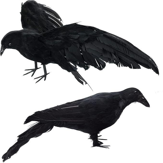 Black Fake Crows Halloween Decorations, 2 Pcs Large Realistic Feather Crows | Fake Crow Decor for Halloween Decor Birds, Plastic Stuffed Crow Prop Decoration Outdoor Indoor Tree Fence, 11 Inch