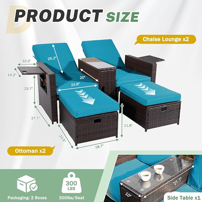LVUYOYO 5 Piece Patio Furniture Set, Patio Wicker Conversation Set with Ottoman, Outdoor Chaise Lounge Chair with Side Table & Adjustable Backrest for Pool Backyard Garden (Brown Wicker Green Cushion)