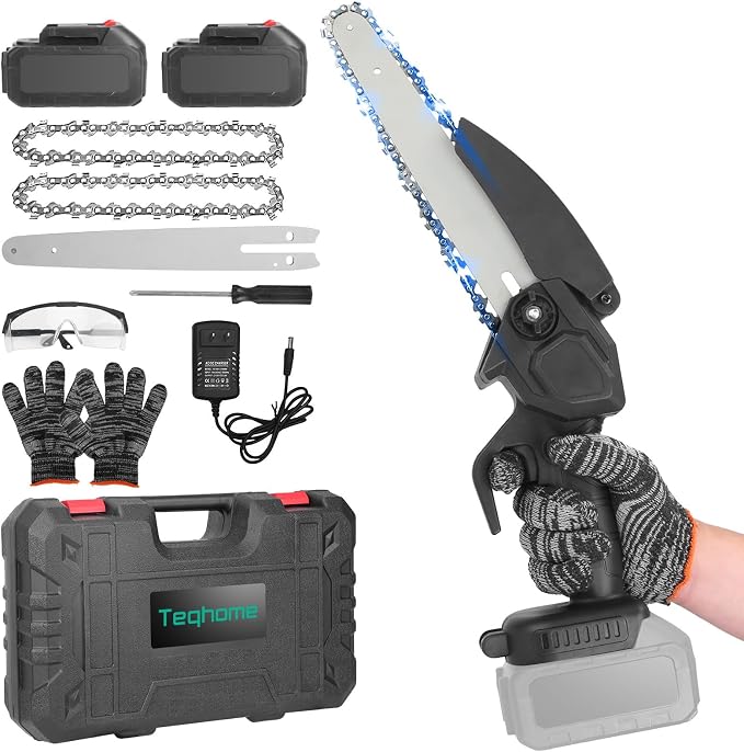 TeqHome Mini Chainsaw, 8 Inch Cordless Mini Electric Chainsaw Battery Powered with 2 Batteries & 2 Chains,Portable Handheld Small Chain Saw for Wood Tree Trimming Branches,Sawzall for Household Garden