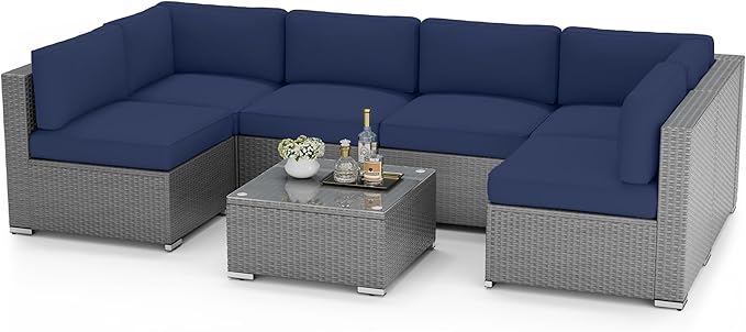 7 Pieces Outdoor Patio Furniture Set, Grey Wicker Patio Sectional Sofa Set, Outdoor Couch with Cushion and Tempered Glass Table, Dark Blue