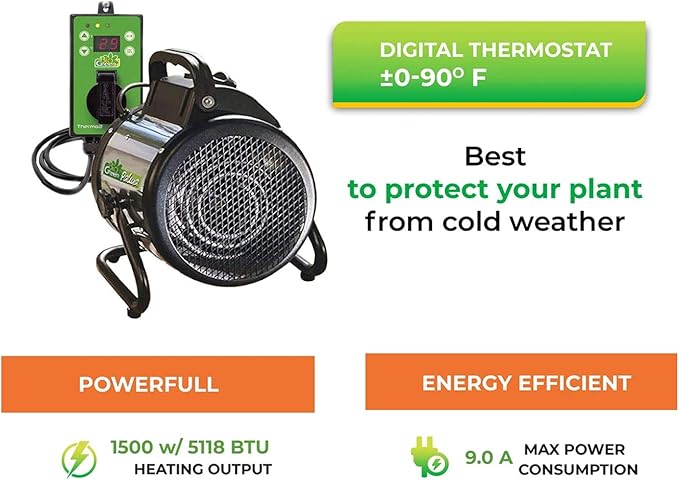 BioGreen Electric Greenhouse Heater & Fan with Digital Thermostat PALMA | 1500 Watts, 5100 BTU/hr | 5800 ft³/h Air Circulation -58 to 210.2°F | Stainless Steel | Spraywater Proof