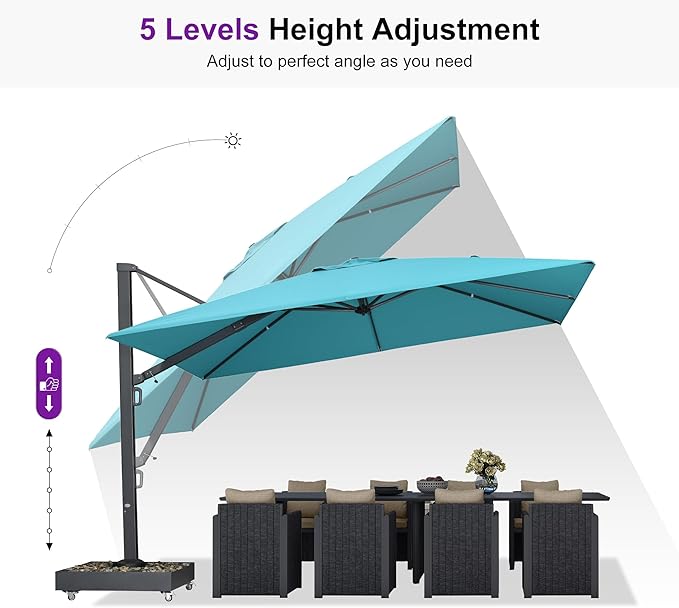 PURPLE LEAF 12' X 9' Space Saving Rectangle Patio Umbrella Large Outdoor Aluminum Offset Umbrella with 360-degree Rotation Cantilever Umbrella for Garden Deck Backyard Pool Turquoise Blue