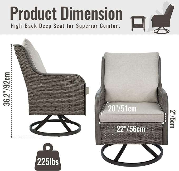 Swivel Patio Chair, High Back Outdoor Rattan Chair with Thick Cushions, Hand-Woven Wicker Furniture for Balcony Garden Deck