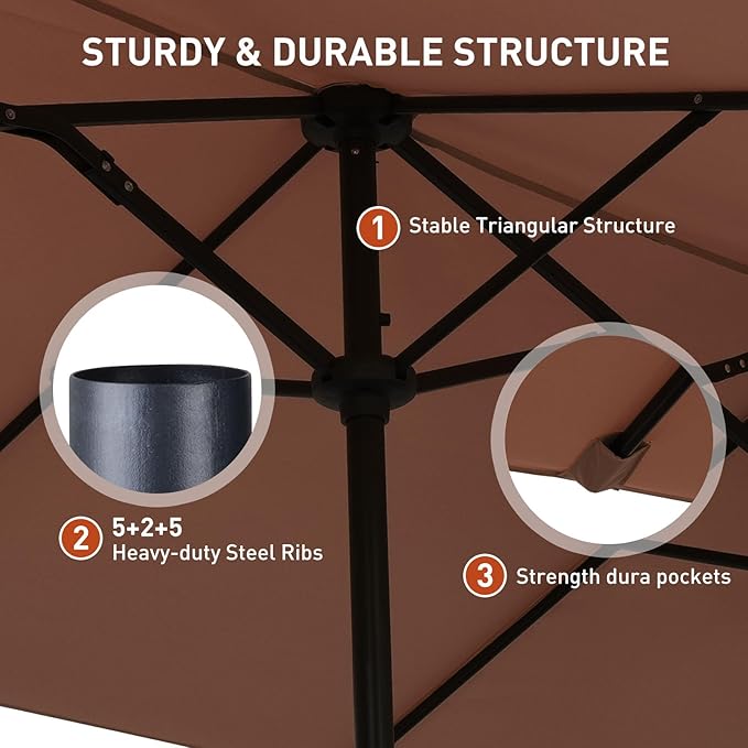 13 ft Patio Umbrella with Base, Large Rectangle Outdoor Umbrella with Matching Stand, Strap, Crank, Coffee