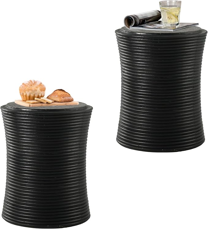 HOMPUS Concrete Outdoor Side Table Set of 2 w Cylindrical Thread Round Coffee Table, Outdoor Accent Patio Drum Home Decor Plant Stand End Table for Living Room, Bedroom or Balcony, Black