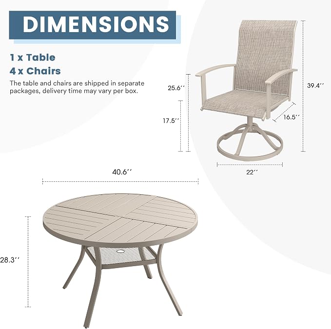 DIFY 5 Pieces Outdoor Dining Set, Metal Patio Table and Chairs Set for 4 with Umbrella Hole, 40.6" Round Outdoor Table and Textilene Swivel Patio Chairs for Garden, Backyard, Poolside, Sandshell