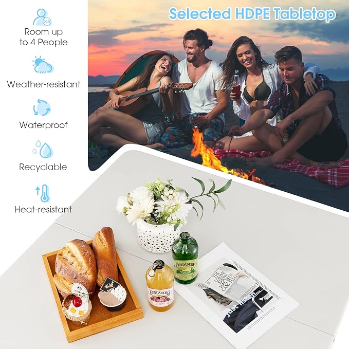 MEDIMALL Outdoor Folding Table, Fold-in-Half Utility HDPE Foldable Table with Metal Legs, Handle, Square Indoor Outdoor Collapsible Dining Table for Camping, Picnic, Party (White)