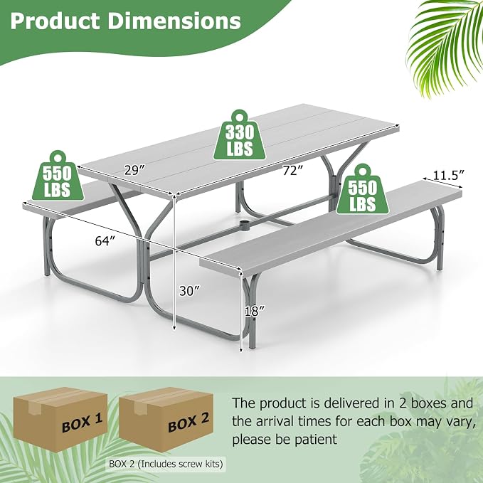Tangkula 6 Ft Picnic Table with 2 Built-in Benches, Umbrella Hole, Metal Frame & HDPE Tabletop, 8-Person Large Table and Bench Set for Garden, Backyard, Patio (Grey)