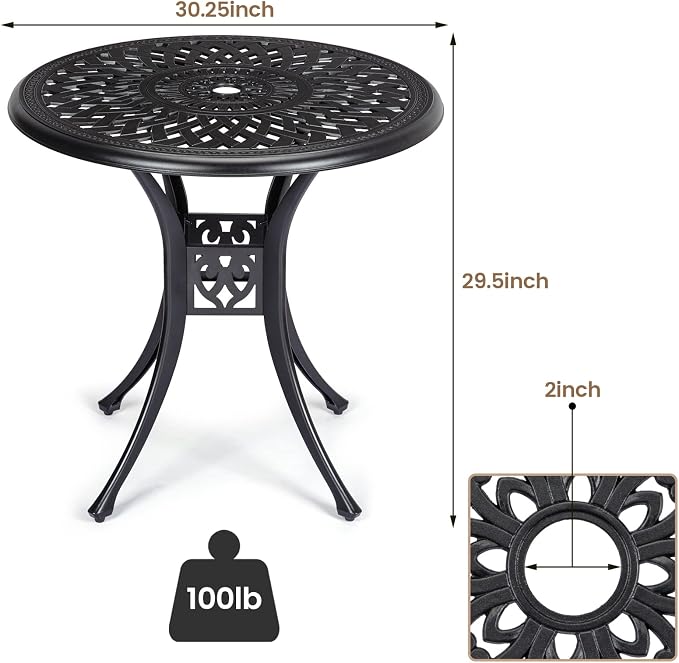 30.25" Round Cast Aluminum Patio Bistro Table, Bistro Table with Umbrella Hole, Outdoor Side Table, for Porch, Backyard, Garden, Balcony, Black