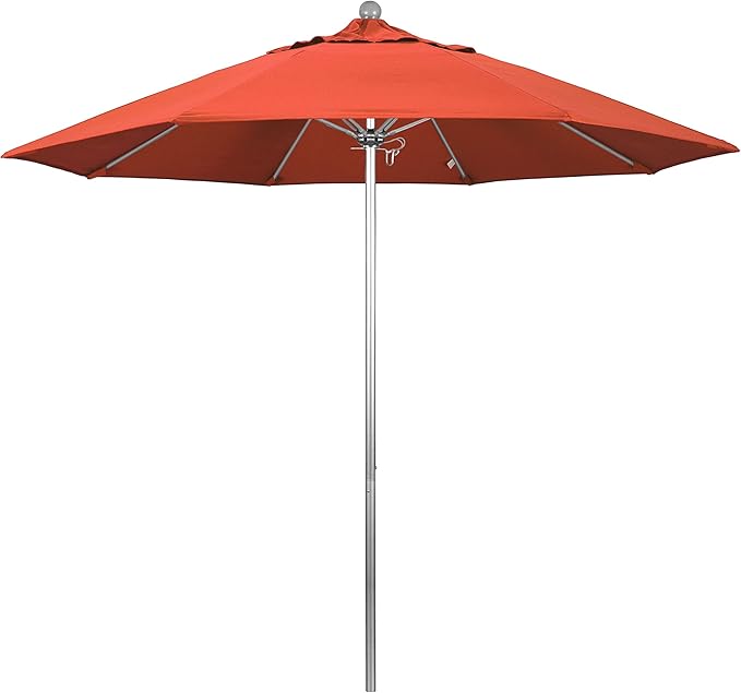 California Umbrella 9' Round Aluminum/Fiberglass Umbrella, Push Open, Silver Pole, Olefin Sunset Fabric