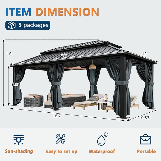 HOTEEL 12x20 Hardtop Gazebo on Clearance with Metal Roof, Heavy Duty Galvanized Steel Patio Hot tub Hard Top Gazebos with Reinforced Frame, with Privacy Curtains and Netting, for Backyard, Black