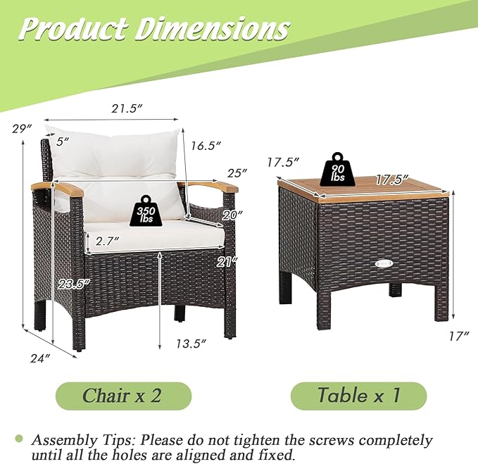 KOTEK 3 Piece Patio Furniture Set, Outdoor Conversation Set with Removable Cushions, Acacia Wood Tabletop and Armrests, PE Rattan Wicker Bistro Set for Porch, Balcony, Backyard (White), Onesize