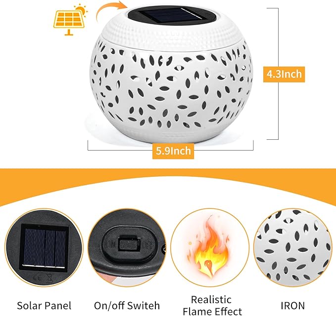 Solar Table Light Waterproof Outdoor & Indoor Lantern - White Metal Retro Hollowed-Out Flickering Flame Tabletop Lights for Desk/Bedroom/Patio/Garden, Solar Powered Lamp Pathway Yard Garden Decor