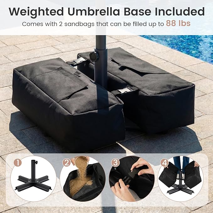 Tangkula 9 FT Solar Patio Umbrella with Base Included, 2-Tiers Outdoor Scalloped Table Umbrella with 32 LED Lights, 2 Sandbags, Tilt Adjustment, Crank, 8 Ribs for Market Backyard Pool Deck Beach Lawn