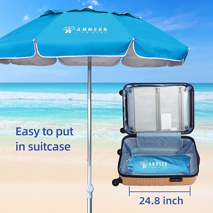 AMMSUN 6ft Folded Portable Travel Beach Umbrella with Sand Anchor Tilt Air vent UPF 50+UV Protection Fit In Suitcase Compact Foldable Telescopic umbrellas for Patio Garden Beach Pool Sky Blue