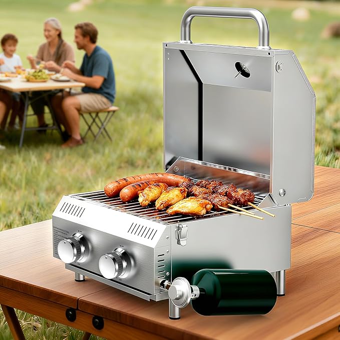 Bestfire Tabletop Propane Gas Grill 2 Burners- Dual Connections, 20,000 BTUs Stainless Steel Portable Grill Fits Large Gas Cylinders and Small Canisters for Outdoor Camping and RV Trips