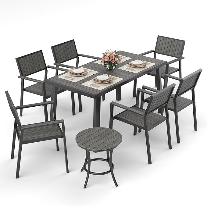 Pamapic Aluminum Outdoor Dining Set, Patio Dining Set for 8 with 6 Outdoor Stackable Chairs, Patio Table and Chairs Set with Plastic-Wood Table Top for Patio, Garden(Charcoal Gray)
