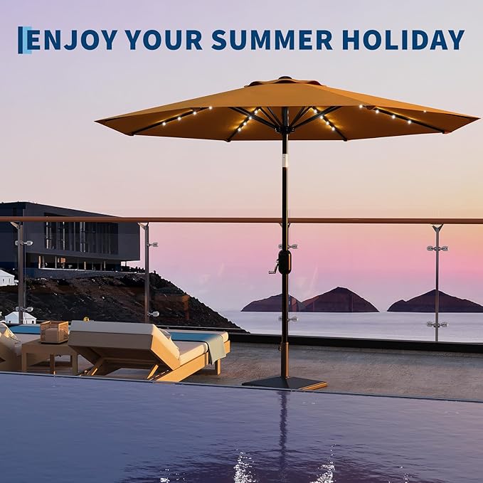 Garvee 9/10 FT Solar Patio Umbrella with 32 LED Lights - Outdoor Table Umbrella with Crank Lift, Push Button Tilt and 8 Sturdy Ribs - Market Umbrella UV Protection for Pool, Deck, Yard, Garden