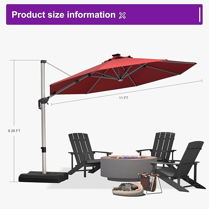 PURPLE LEAF Cantilever Umbrella with base 11ft Outdoor Round Patio Solar Powered LED Umbrella with 360-degree Rotation for Garden Deck Pool Patio, Terra