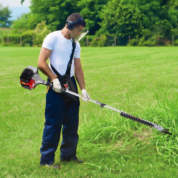 52CC 2-Stroke Brush Cutter Grass Trimmer, Gasoline Grass Wacker, Brush Cutter Multifunctional Trimming Tools with 7 Heads & 0.9 Qt Fuel Tank for Shrub Harvesting Cleaning