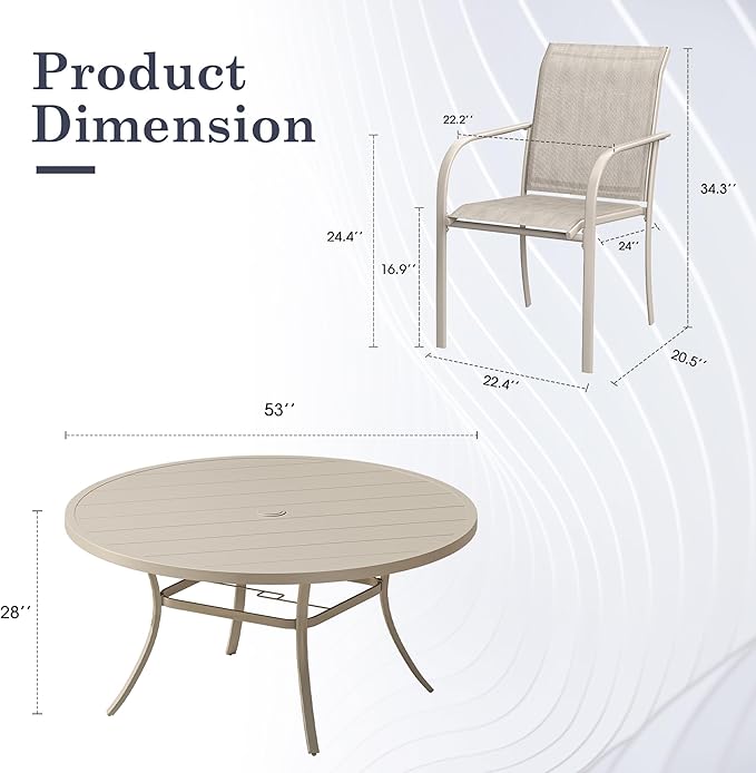 Patio Table and Chairs Set for 8, Outdoor Dining Set with 8 Stackable Dining Chairs and 53" x 53" Metal Slatted Round Dining Table for Porch, Deck, Lawn, Garden, Sandshell