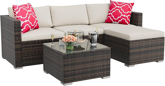 GarveeHome 5 Pieces Patio Sectional Furniture Set, All Weather Wicker Rattan Sectional Sofa, Patio Conversation Set with Cushions and Glass Coffee Table for Backyard Porch Garden Balcony, Beige