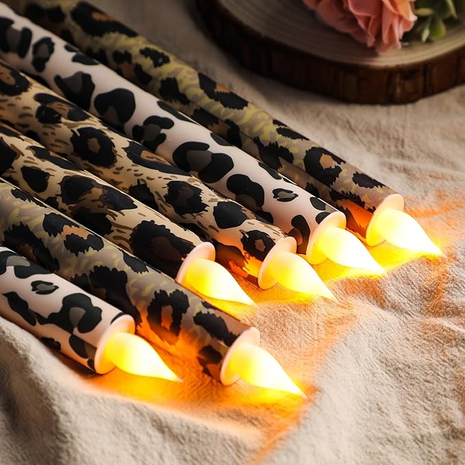 Honoson 6 Pcs Leopard Flameless Taper Candles 10.6 Inch Wild Safari Cheetah Print Candles Battery Operated LED Candlesticks for Animal Theme Jungle Birthday Party Dinner Table Home Bathroom Decor