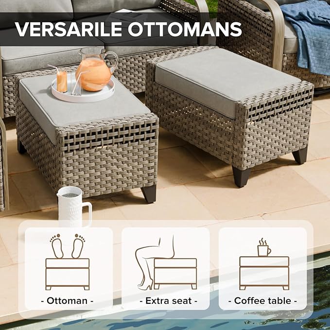 COOS BAY Modern Wicker Outdoor Furniture Set, 5 Piece Patio Conversation Set with 2 Swivel Rockers, a 3 Seat Couch and 2 Ottomans, 5 Piece, Brown/Gray
