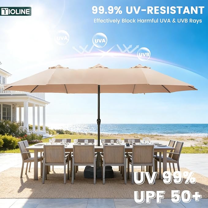 15FT Large Patio Umbrellas with Base Included, Outdoor Double-Sided Rectangle Big Market Umbrella with Stand, Outside Umbrellas for Poolside Lawn Backyard,Beige