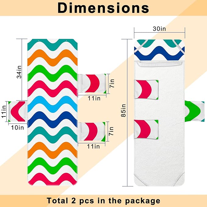 Lounge Chair Towel Cover, Chaise Lounge Cover (Pack of 2), Beach Chair Covers with 3 Pockets for Pool Beach Garden Courtyard Outdoor Trips, 85 x30 in, Wavy Striped Colourful Blue Red
