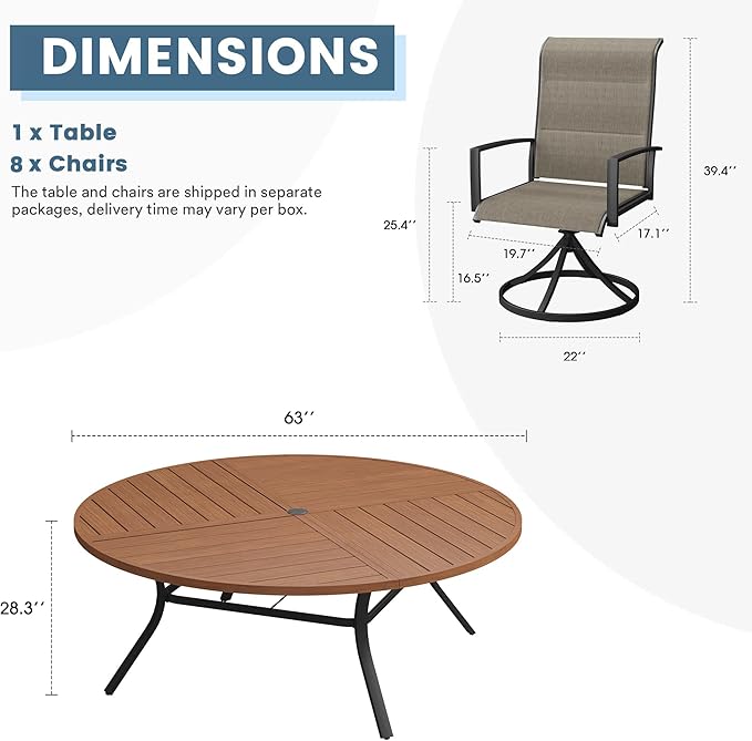 DIFY 9 Piece Outdoor Dining Set, Metal Patio Table and Chairs Set, 63" Walnut Round Dining Table & 8 Brown Padded Textilene Swivel Patio Chairs, Outdoor Furniture Set for Garden Backyard Porch