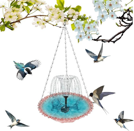 UZTK-2026 Solar Cascade Hanging Bird Bath Fountain, Solar Powered Outdoor Water Fountain for Hummingbirds, Decorative Bird Bath Shower Bowl Kit for Garden Yard Patio Backyard (Pink Single Layer)