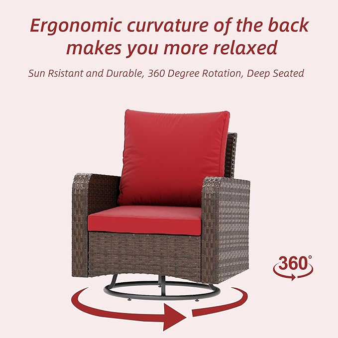 HOMREST 5 Piece Outdoor Patio Furniture Set-Wicker Swivel Chairs Set of 2 w/ 2 Ottoman, Coffee Table & Cushions Small Patio Furniture Set for Garden, Balcony (Wine Red)