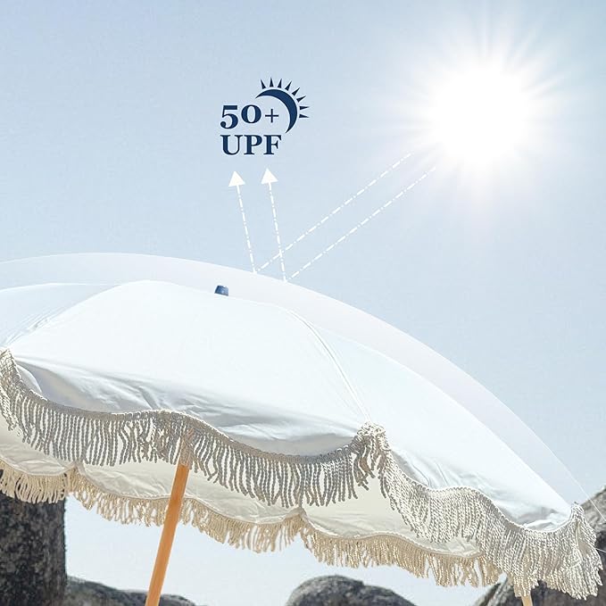 Beach Umbrella for Sand with Fringe – Luxury Boho Outdoor Umbrella for Beach, Pool, Garden, UPF 50+ Wood Shaft Metal Fittings Round with Carry Bag From