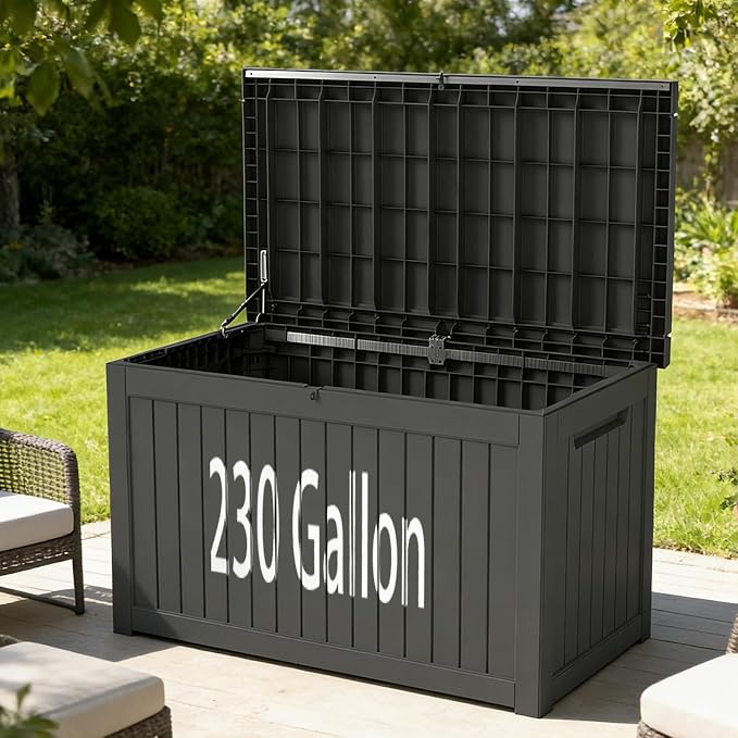 FEFLO 230 Gallon Resin Desk Boxes, Lockable Outdoor Storage Box | for Furniture, Toy, Shoe, Garden & Patio Tools Storage, IP54 Weatherproof Package Delivery Boxes for Outside - Black