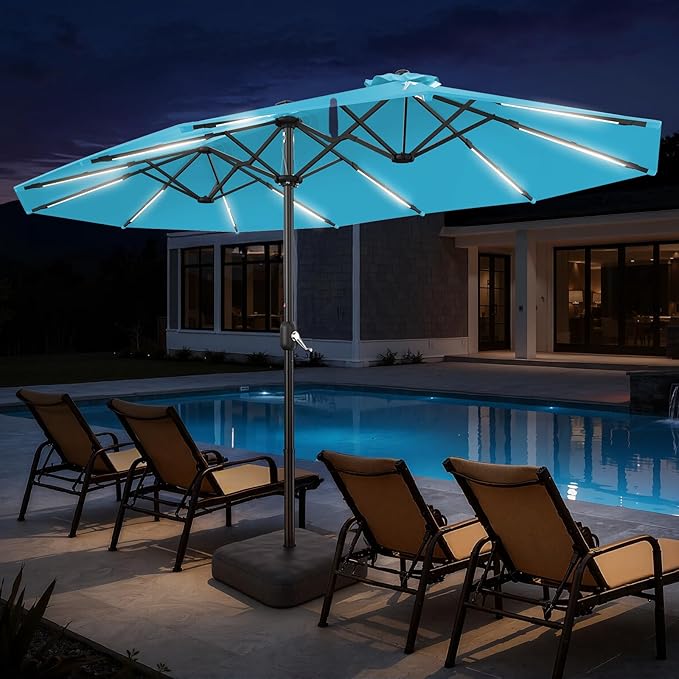 HOMSHADE 15FT Double Sided Umbrella with Light Bar and Base, Rectangle Oversized Patio Umbrellas, Extra Large Outdoor Table Umbrella for Pool, Patio, Garden (Light Blue)
