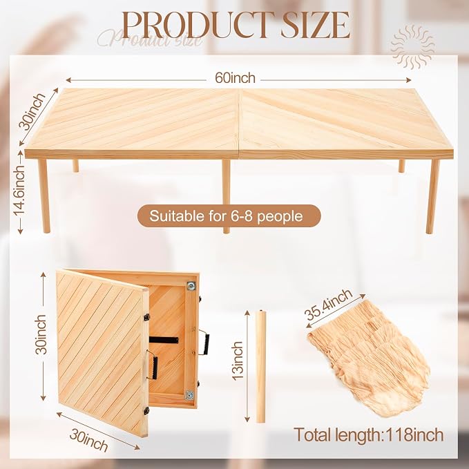 Novabright 8 Person 30 x 60 Inches Boho Table Low Folding Picnic Table Beach Portable Low Wood Floor Event Foldable Garden Wedding Party Camping Picnic with Runner Set(Natural Wood)